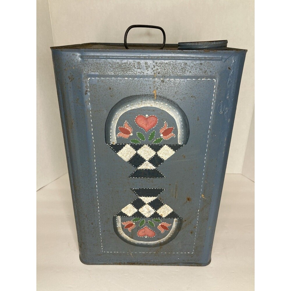 Vintage Folk Art Hand Painted Tin Berry Bucket Pail w/ Lid Farmhouse Country - Picture 3 of 8